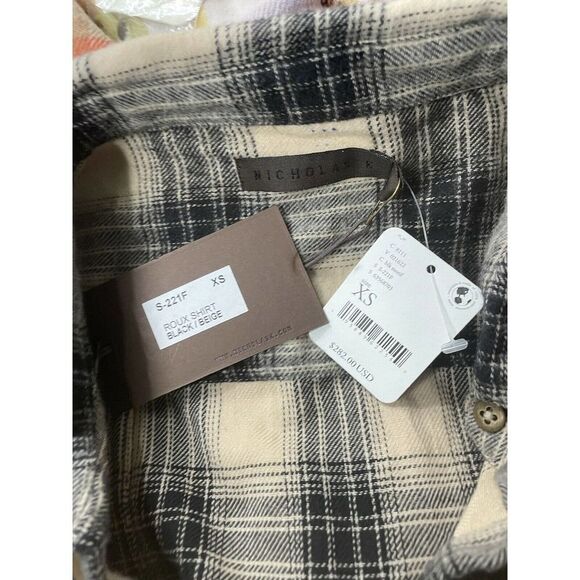 Nicholas K Roux Flannel Black Beige Check Wrap Blouse Size XSmall New - Picture 6 of 6